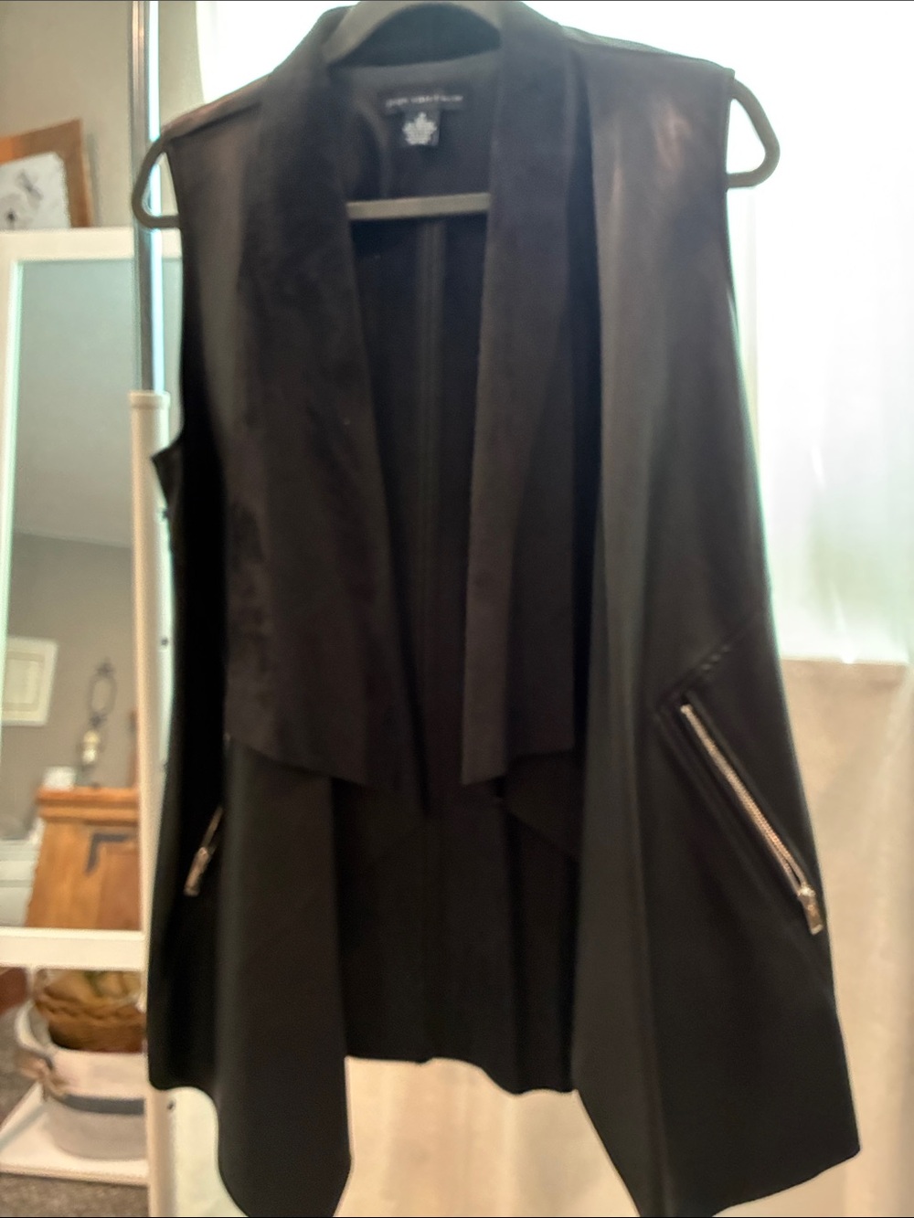 Black Sleeveless Draped Leather Vest